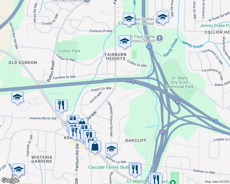 map of restaurants, bars, coffee shops, grocery stores, and more near 351 Fairburn Road Northwest in Atlanta