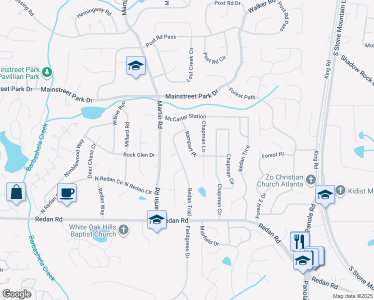 map of restaurants, bars, coffee shops, grocery stores, and more near 1008 Rampart Place in Stone Mountain