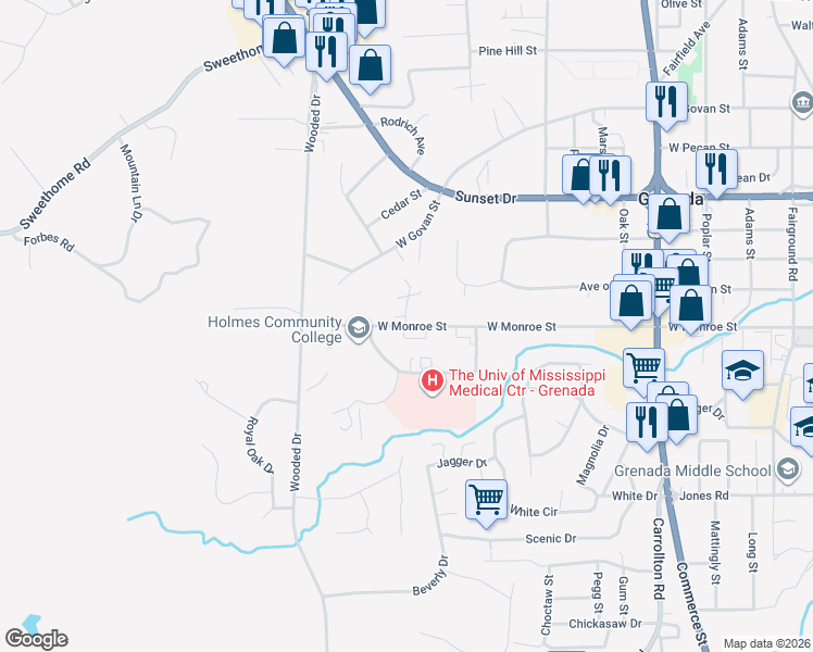 map of restaurants, bars, coffee shops, grocery stores, and more near 998 West Monroe Street in Grenada