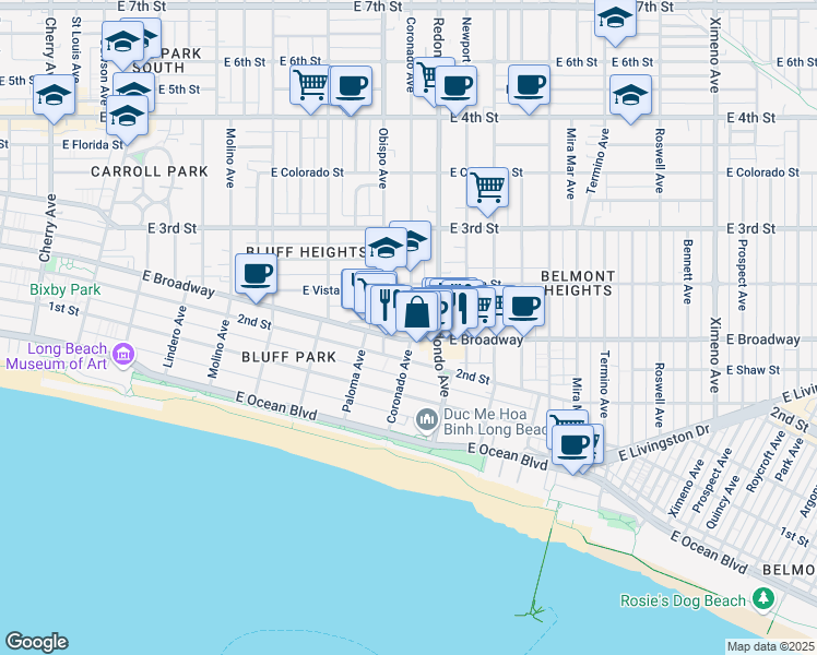 map of restaurants, bars, coffee shops, grocery stores, and more near 221 Coronado Avenue in Long Beach