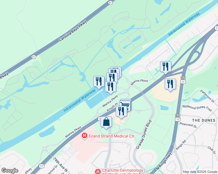 map of restaurants, bars, coffee shops, grocery stores, and more near 8121 Amalfi Place in Myrtle Beach