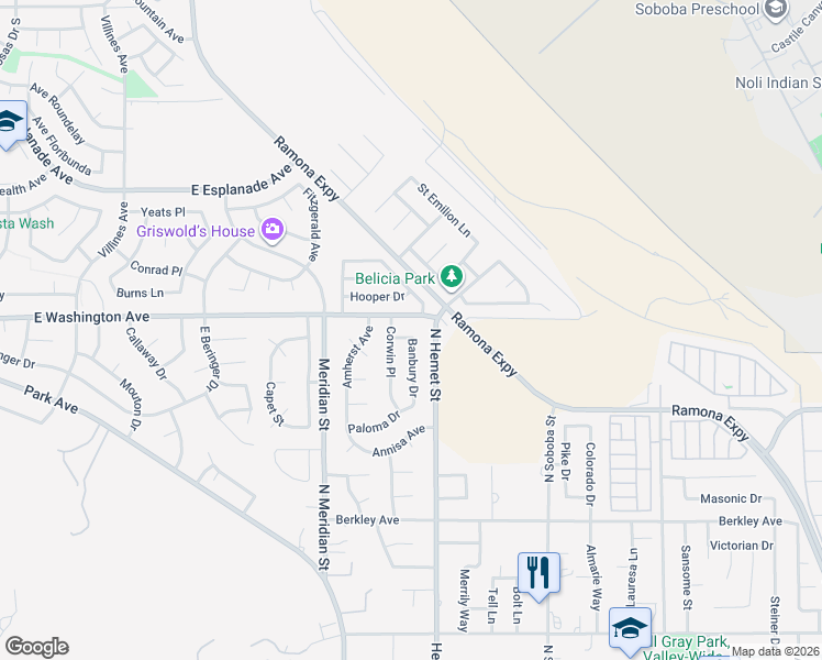 map of restaurants, bars, coffee shops, grocery stores, and more near 4407 East Washington Avenue in Hemet