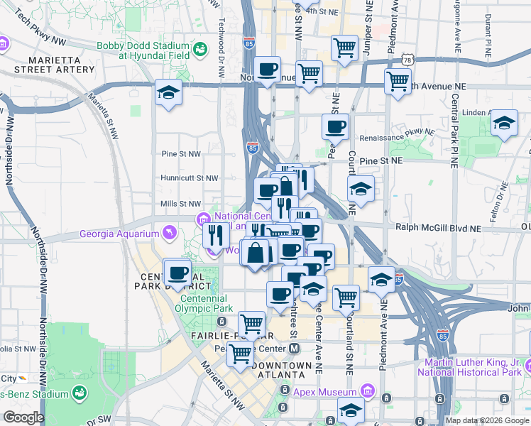 map of restaurants, bars, coffee shops, grocery stores, and more near 115 Ivan Allen Junior Boulevard Northwest in Atlanta