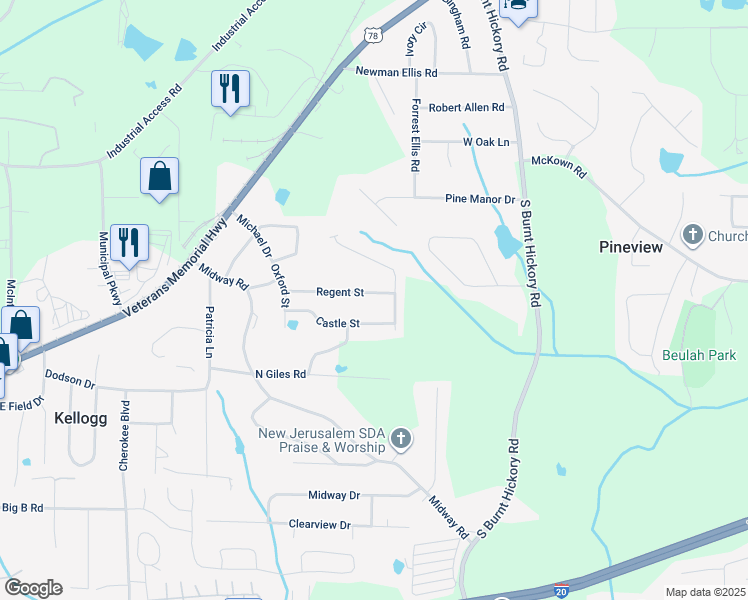 map of restaurants, bars, coffee shops, grocery stores, and more near 3948 Regent Street in Douglasville