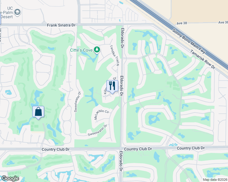 map of restaurants, bars, coffee shops, grocery stores, and more near 75930 Zambezi Court East in Palm Desert