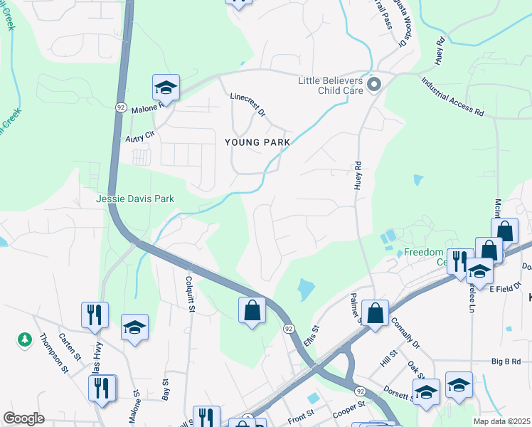 map of restaurants, bars, coffee shops, grocery stores, and more near 6387 Harvester Circle in Douglasville