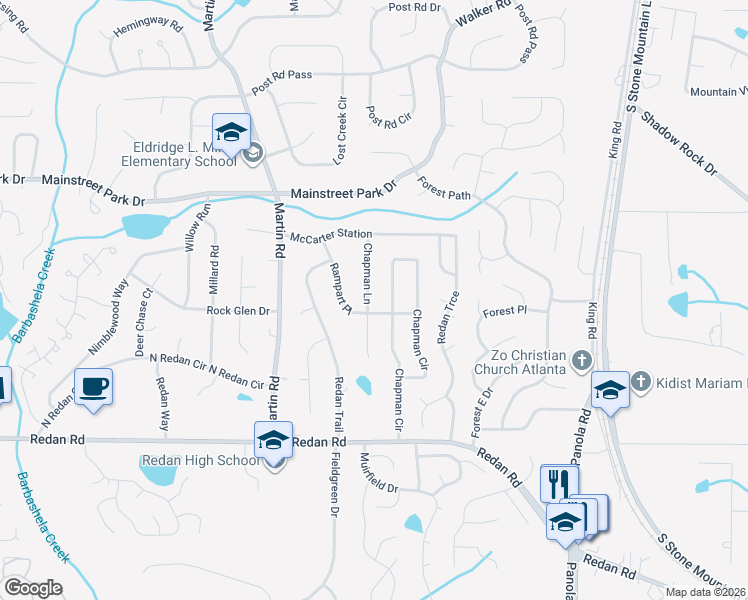 map of restaurants, bars, coffee shops, grocery stores, and more near 1007 Chapman Lane in Stone Mountain