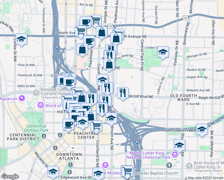 map of restaurants, bars, coffee shops, grocery stores, and more near 390 Piedmont Avenue Northeast in Atlanta