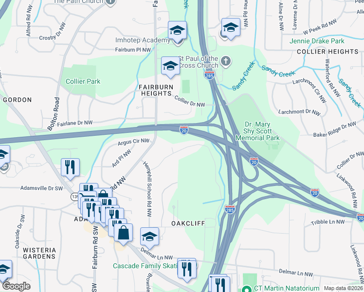 map of restaurants, bars, coffee shops, grocery stores, and more near 3357 Lake Valley Road Northwest in Atlanta