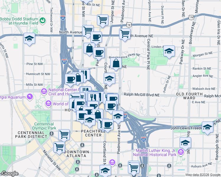 map of restaurants, bars, coffee shops, grocery stores, and more near 120 Ralph McGill Boulevard Northeast in Atlanta