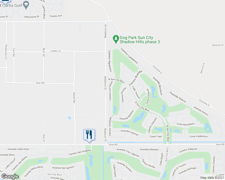 map of restaurants, bars, coffee shops, grocery stores, and more near 39110 Camino Las Hoyes in Indio