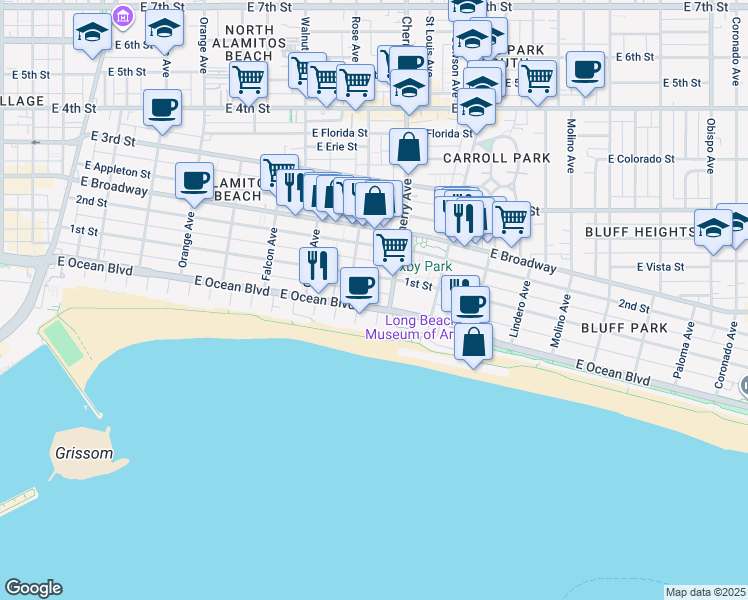 map of restaurants, bars, coffee shops, grocery stores, and more near 1901 East Ocean Boulevard in Long Beach