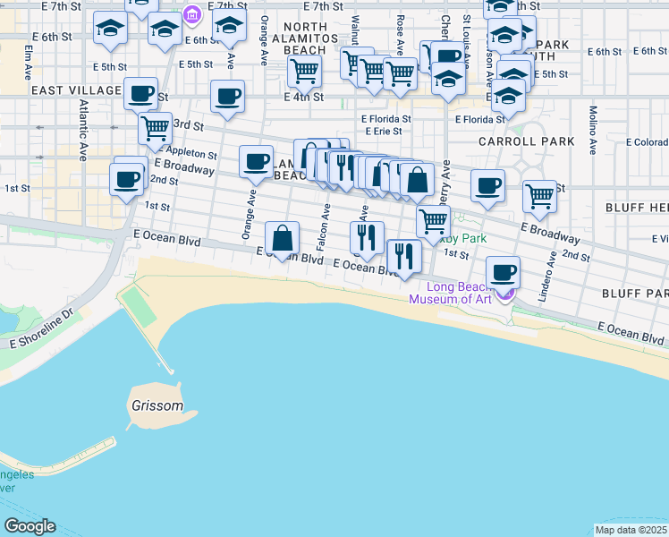 map of restaurants, bars, coffee shops, grocery stores, and more near 1610 East Ocean Boulevard in Long Beach