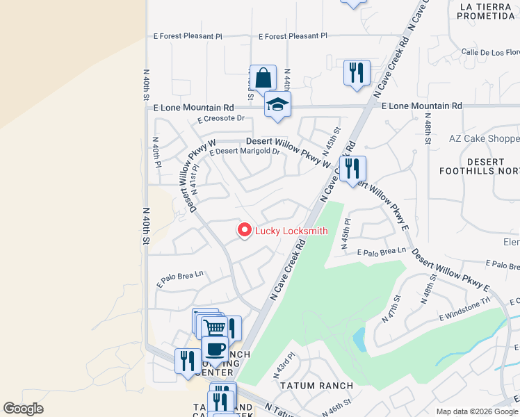 map of restaurants, bars, coffee shops, grocery stores, and more near 4314 East Rancho Tierra Drive in Cave Creek