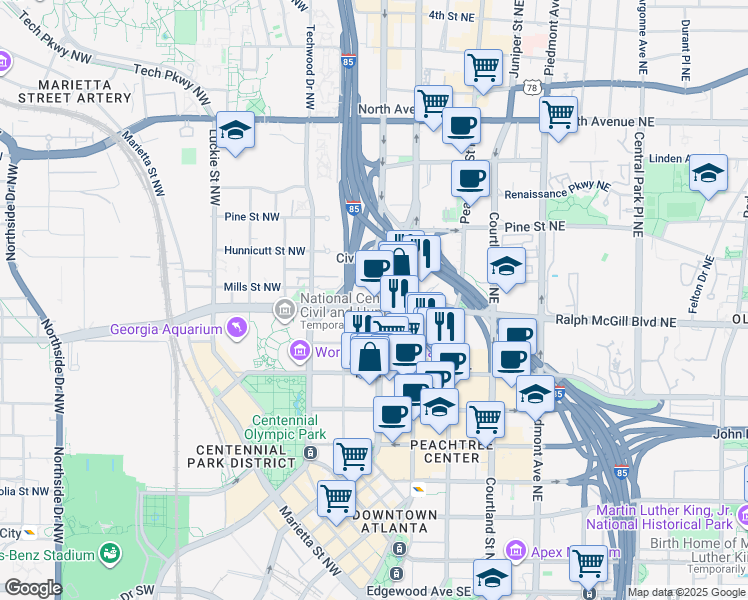 map of restaurants, bars, coffee shops, grocery stores, and more near 45 Ivan Allen Junior Boulevard Northwest in Atlanta