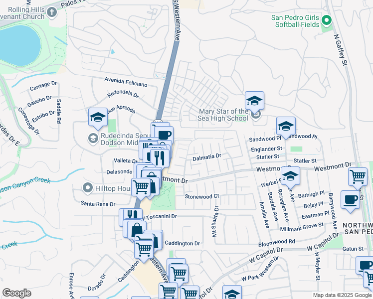 map of restaurants, bars, coffee shops, grocery stores, and more near 2237 Stonewood Court in Los Angeles