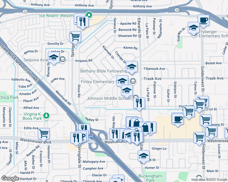 map of restaurants, bars, coffee shops, grocery stores, and more near 13668 Kingsbridge Street in Westminster