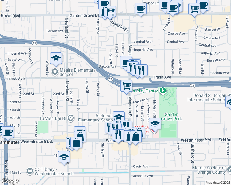 map of restaurants, bars, coffee shops, grocery stores, and more near 8832 Treva Circle in Garden Grove