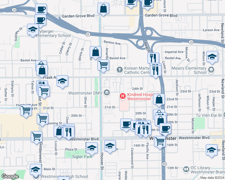 map of restaurants, bars, coffee shops, grocery stores, and more near 7565 23rd Street in Westminster