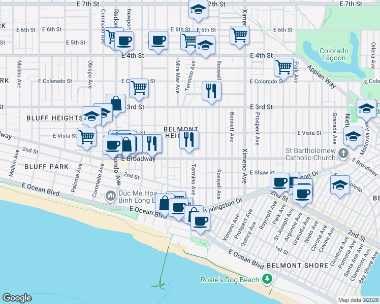 map of restaurants, bars, coffee shops, grocery stores, and more near 235 Termino Avenue in Long Beach