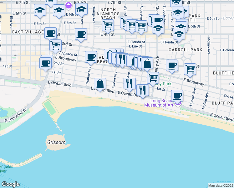 map of restaurants, bars, coffee shops, grocery stores, and more near 1610 East Ocean Boulevard in Long Beach