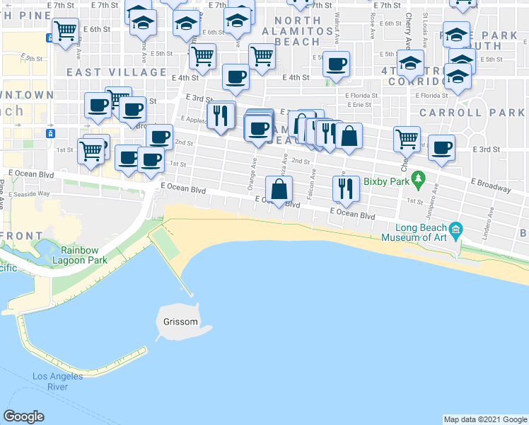 map of restaurants, bars, coffee shops, grocery stores, and more near 32 7th Place in Long Beach