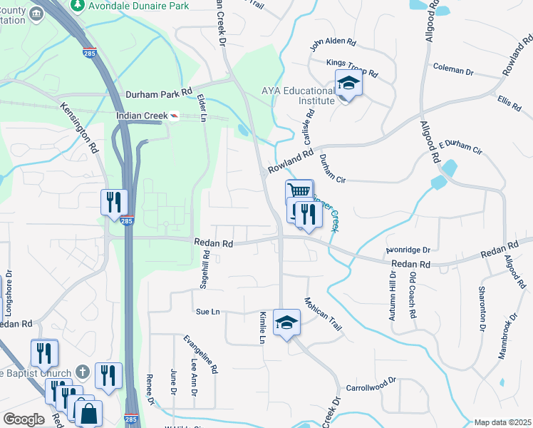 map of restaurants, bars, coffee shops, grocery stores, and more near 1113 South Indian Creek Drive in Stone Mountain