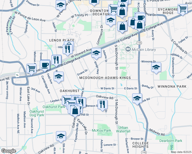 map of restaurants, bars, coffee shops, grocery stores, and more near 239 Kings Highway in Decatur