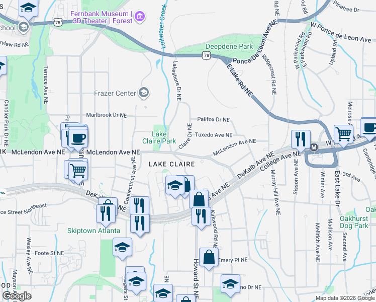 map of restaurants, bars, coffee shops, grocery stores, and more near 401 Claire Drive Northeast in Atlanta