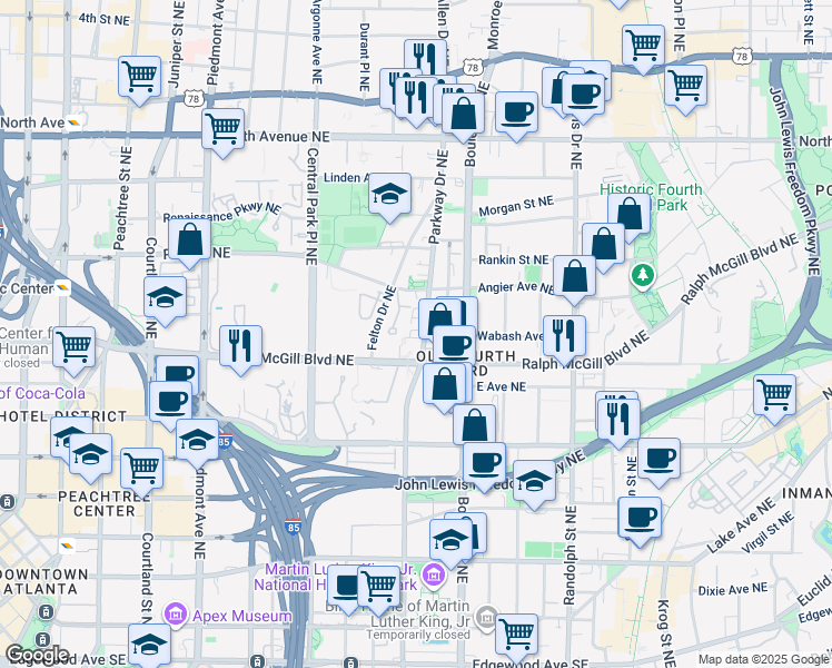 map of restaurants, bars, coffee shops, grocery stores, and more near 386 Parkway Drive Northeast in Atlanta