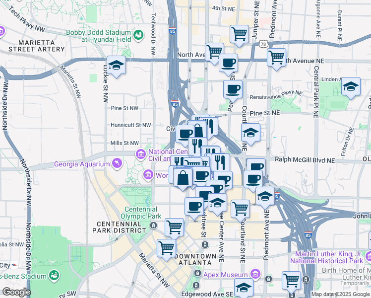 map of restaurants, bars, coffee shops, grocery stores, and more near 45 Ivan Allen Junior Boulevard Northwest in Atlanta