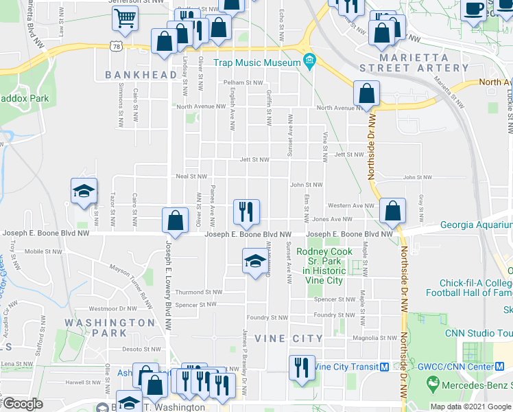 map of restaurants, bars, coffee shops, grocery stores, and more near 377 Chestnut Street Northwest in Atlanta