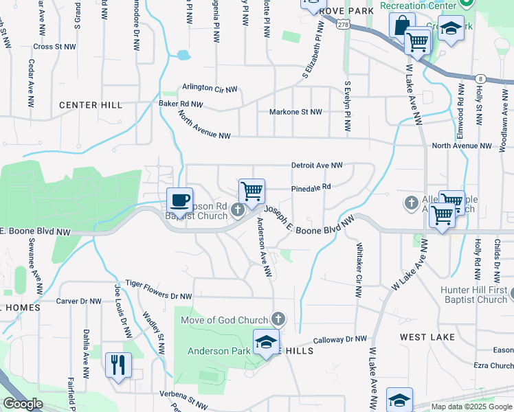 map of restaurants, bars, coffee shops, grocery stores, and more near 1971 Simpson Road Northwest in Atlanta