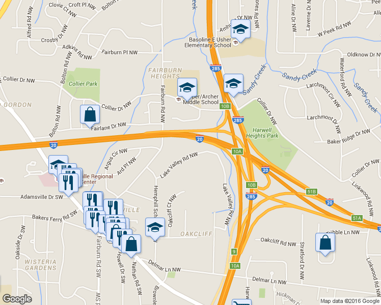 map of restaurants, bars, coffee shops, grocery stores, and more near 3357 Lake Valley Road Northwest in Atlanta