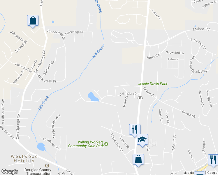 map of restaurants, bars, coffee shops, grocery stores, and more near 7827 Ridge Top Terrace in Douglasville