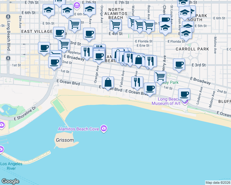map of restaurants, bars, coffee shops, grocery stores, and more near in Long Beach
