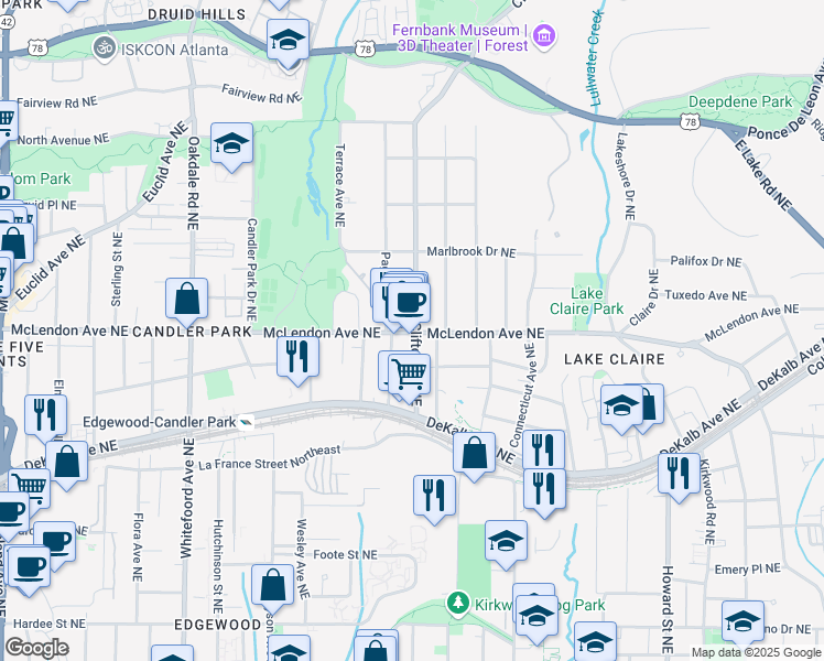 map of restaurants, bars, coffee shops, grocery stores, and more near 1662 McLendon Avenue Northeast in Atlanta
