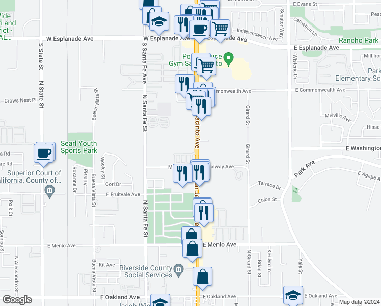 map of restaurants, bars, coffee shops, grocery stores, and more near 2150 South San Jacinto Avenue in San Jacinto