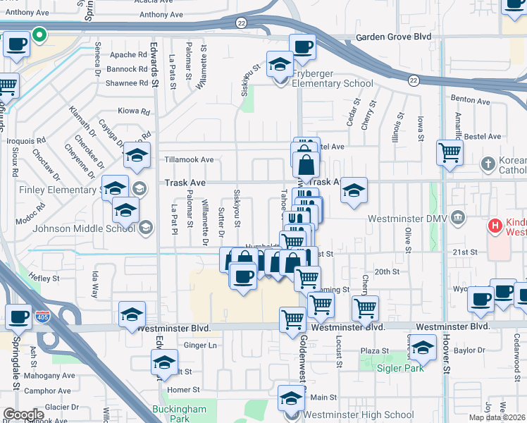 map of restaurants, bars, coffee shops, grocery stores, and more near 13581 Yosemite Drive in Westminster
