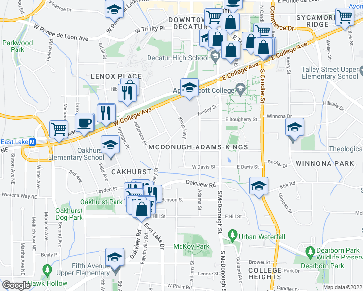 map of restaurants, bars, coffee shops, grocery stores, and more near 239 Kings Highway in Decatur
