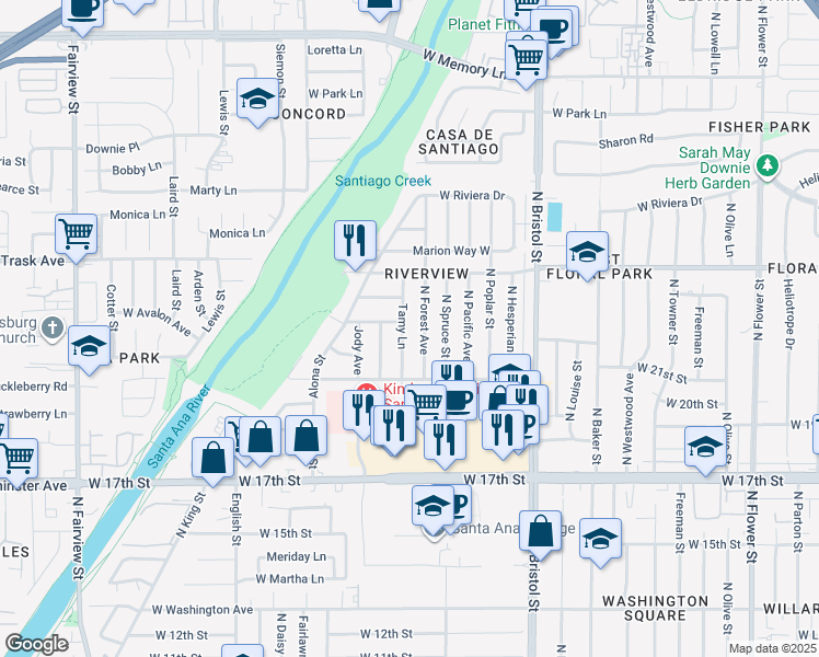 map of restaurants, bars, coffee shops, grocery stores, and more near 2137 Tamy Lane in Santa Ana