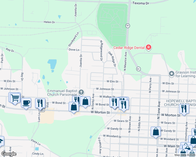 map of restaurants, bars, coffee shops, grocery stores, and more near 1723 West Elm Street in Denison