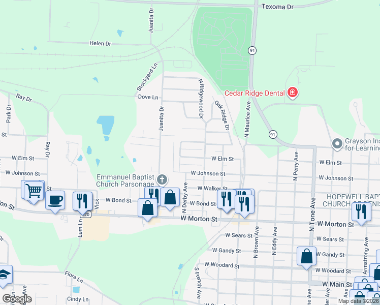 map of restaurants, bars, coffee shops, grocery stores, and more near 1723 W Elm St in Denison