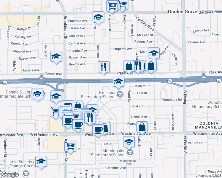 map of restaurants, bars, coffee shops, grocery stores, and more near 13622 Glendora Street in Garden Grove