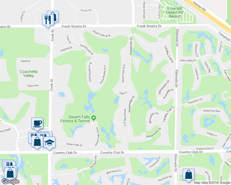 map of restaurants, bars, coffee shops, grocery stores, and more near 123 Villa Court in Palm Desert