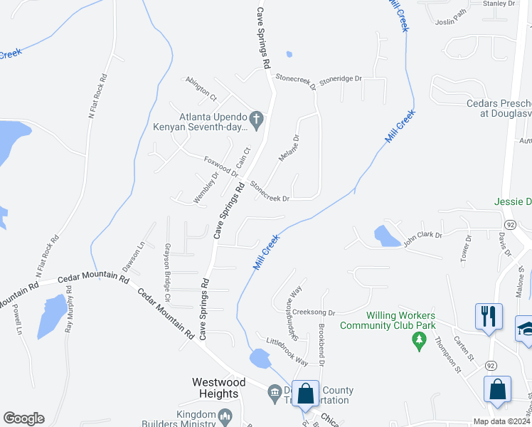 map of restaurants, bars, coffee shops, grocery stores, and more near 7849 Dogwood Way in Douglasville