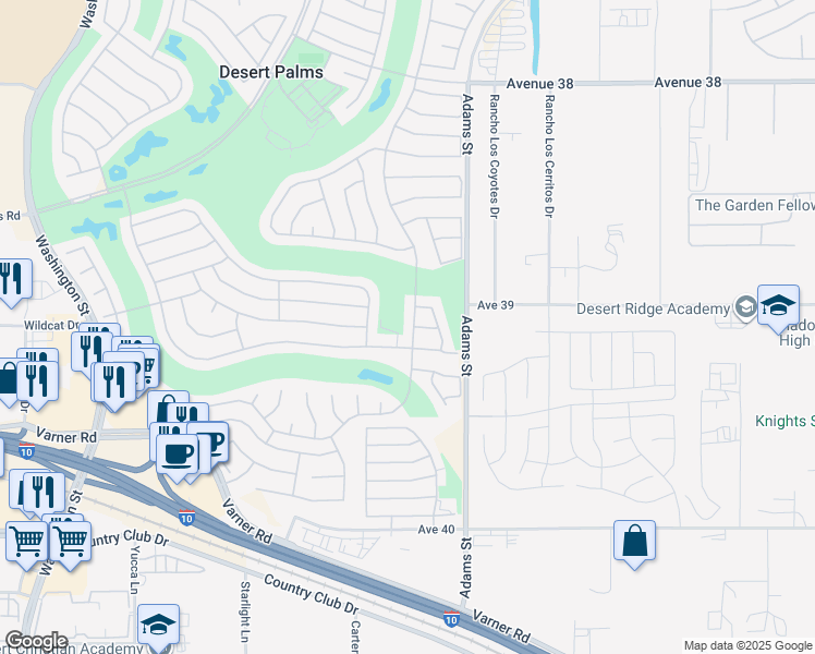 map of restaurants, bars, coffee shops, grocery stores, and more near 39095 Brandywine Avenue in Palm Desert
