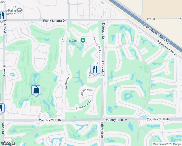 map of restaurants, bars, coffee shops, grocery stores, and more near 75930 Zambezi Court East in Palm Desert