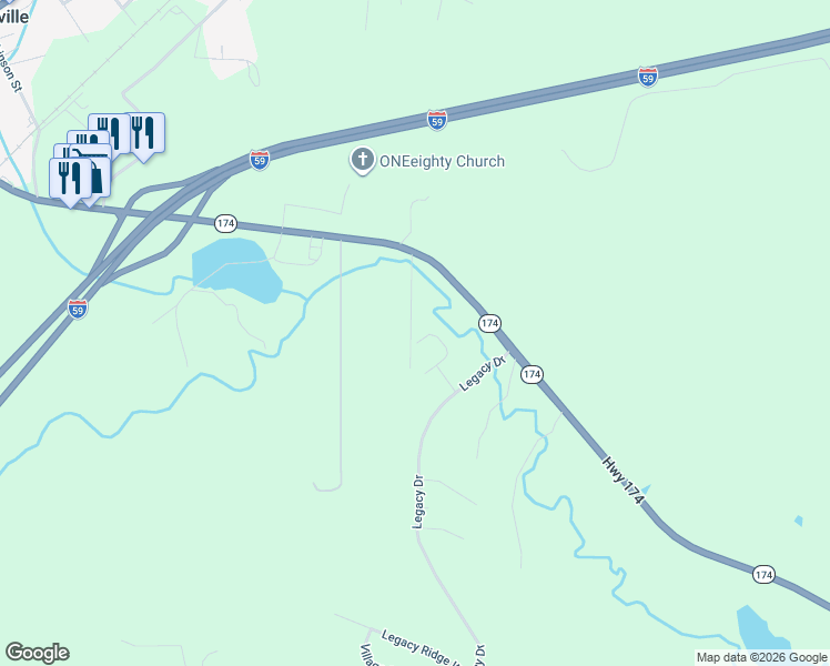 map of restaurants, bars, coffee shops, grocery stores, and more near 960 Legacy Cove South in Springville