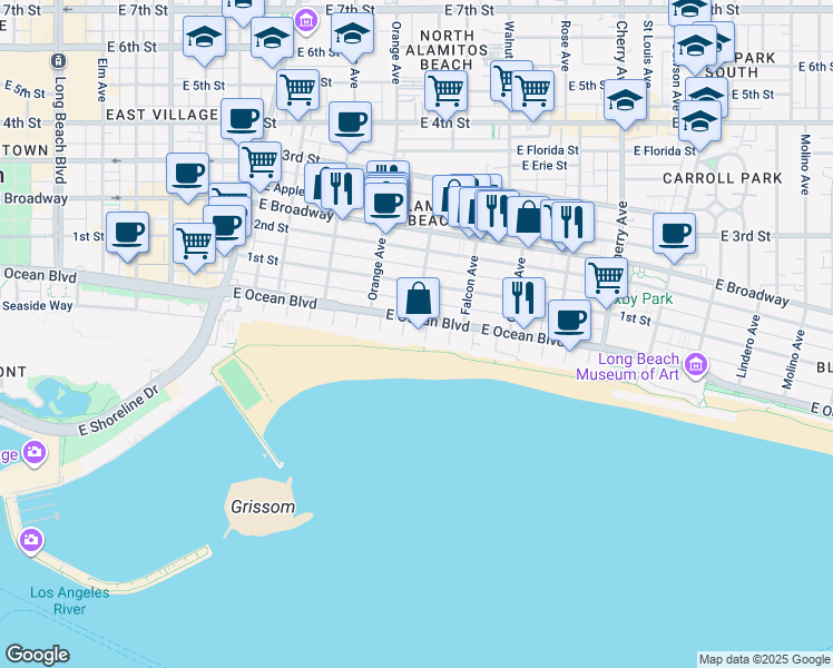 map of restaurants, bars, coffee shops, grocery stores, and more near 1310 East Ocean Boulevard in Long Beach